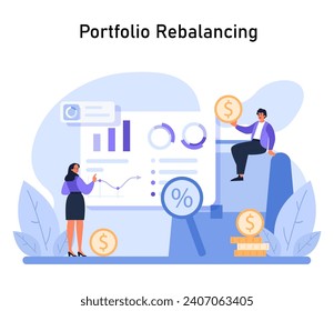 Portfolio Strategy concept. Analyzing and adjusting asset distributions to optimize financial performance. Flat vector illustration