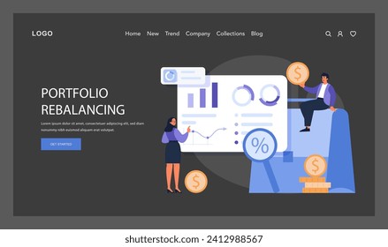 Portfolio Strategy dark or night mode web, landing. Analyzing and adjusting asset distributions to optimize financial performance. Flat vector illustration