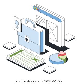 Portfolio, tables, browser window, charts, analytics. Vector 3d line isometric, color web icons, new flat style. Creative design idea for infographics.