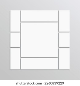 Portfolio template. Mosaic pictures frame. Moodboard images layout. Photo collage grid. Album brandboard. Retro gallery banner. Square mockup. Vector illustration. Combination background