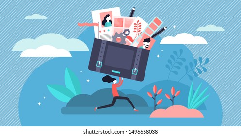 Portfolio vector illustration. Flat tiny job preview folder presentation persons concept. Briefcase with work gallery and file collection for professional project storage and artist menu information.