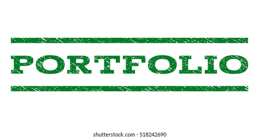 Portfolio watermark stamp. Text caption between horizontal parallel lines with grunge design style. Rubber seal stamp with dirty texture. Vector green color ink imprint on a white background.
