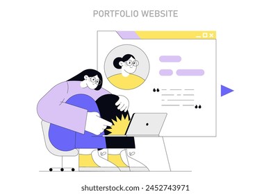 Portfolio Website concept. A person curating their online portfolio on a computer screen, showcasing personal projects. Vector illustration.