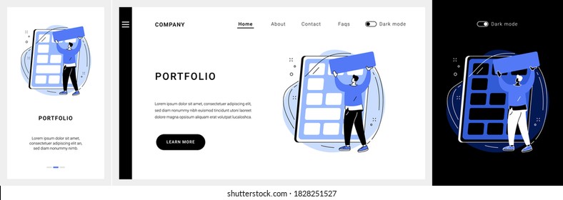 Portfolio website UI kit. Project portfolio, service catalog, product presentation, get to know our work, web element, professional website, menu bar landing and mobile app vector UI template.