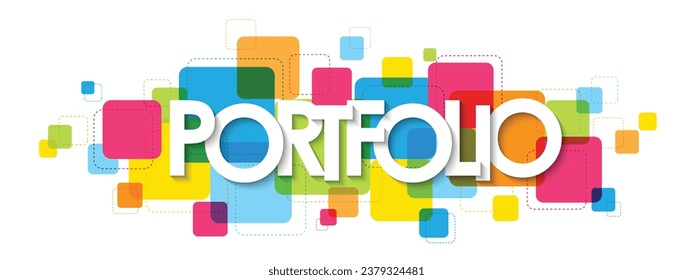 PORTFOLIO white vector typography banner on background of colorful squares