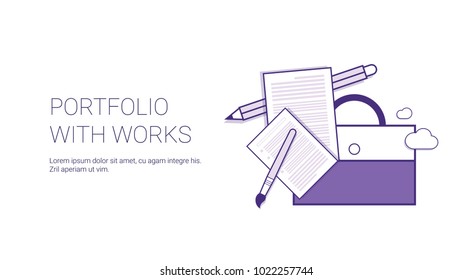 Portfolio With Works Business Web Banner Template With Copy Space Thin Line Vector Illustration