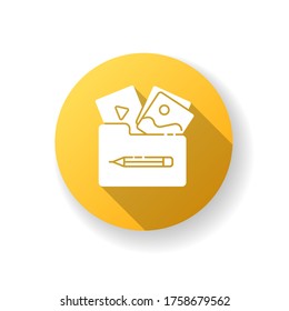 Portfolio yellow flat design long shadow glyph icon. Images and photos in folder. Project management. Visual document for presentation. Edit business project. Silhouette RGB color illustration