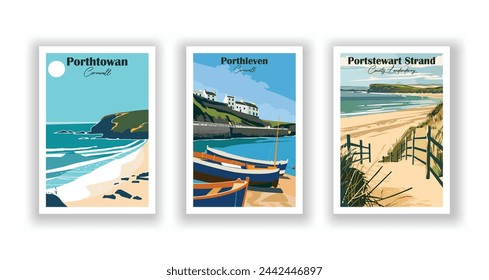 Porthleven, Cornwall. Porthtowan, Cornwall. Portstewart Strand, County Londonderry - Set of 3 Vintage Travel Posters. Vector illustration. High Quality Prints