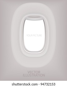 Porthole of airplane. Creative concept of travel by plane. Interior of aircraft with your ideas of view from window and meaning of the flight. Vector layout