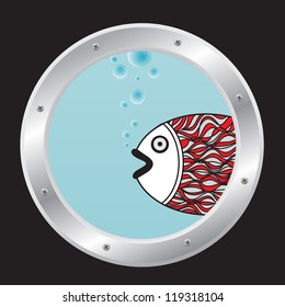 Porthole and big fish, vector image for design
