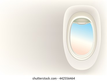 Porthole in the cabin of passenger aircraft. Inside view. Vector illustration. EPS- 8.