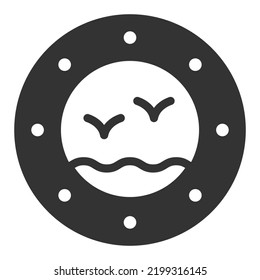 Porthole from the cabin, waves and seagulls - icon, illustration on white background, glyph style
