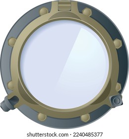 Porthole glass. Submarine window. Futuristic metal frame