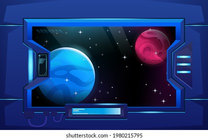 Porthole on hallway in spaceship. Viewport. Red and blue planet. Futuristic interior room. Background for games. Vector cartoon background
