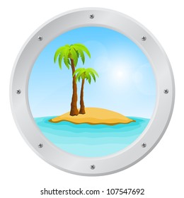 Porthole overlooking the sea and tropical island
