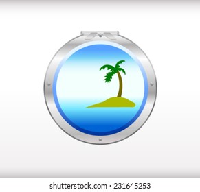 Porthole overlooking the sea and the tropical island 
