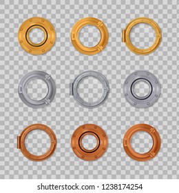 Porthole realistic transparent colored icon set silver gold and bronze in round shape vector illustration