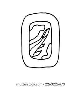 Porthole, ein abgerundetes Fenster an Bord eines Flugzeugs. Sicht auf die Wolken und den Flügel des Flugzeugs. Doodle. Vektorgrafik. Handgezeichnet. Umriss.