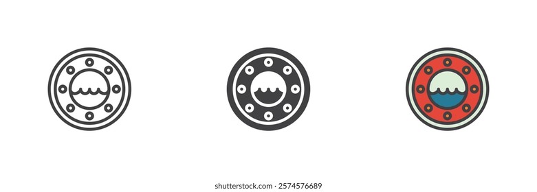 Porthole with sea waves different style icon set. Line, glyph and filled outline colorful version, outline and filled vector sign. Symbol, logo illustration. Vector graphics