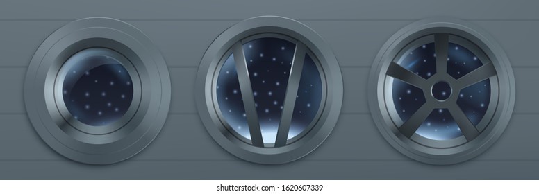 Porthole in spaceship, metal round windows in rocket with view to cosmos. Vector realistic illustration on shuttle interior with stars in outer space behind the transparent glass of illuminators