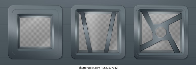 Porthole in spaceship, metal square windows in rocket. Vector realistic illustration of shuttle interior with transparent background behind glass illuminators
