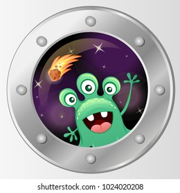 Porthole de la nave espacial. Vista desde cohete a alien