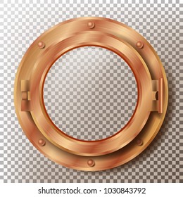 Porthole Vector. Round Brass, Bronze, Copper Window With Rivets. Bathyscaphe Ship Metal Frame Design Element. For Aircraft, Submarines. Isolated On Transparent Background Illustration
