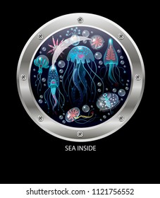 Porthole with a view of jellyfish, corals, seaweed and other inhabitants of the ocean. 