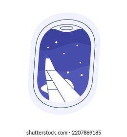 Porthole View On Dark Night Sky With Stars. Skyscape, Wing Through Air Plane Window During Flight. Nighttime Landscape Outside Flying Aircraft. Flat Vector Illustration Isolated On White Background