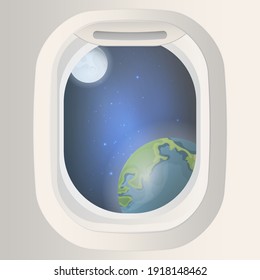Porthole with a view of space. Rectangular porthole with a view of the planet earth and the moon. Vector illustration.