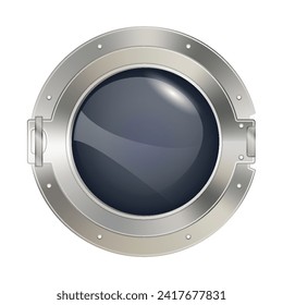 Porthole window icon. Safe round metalic spaceship illuminator decent. Vector steel window hole. Cruise aircraft porthole or fuselage cabin window