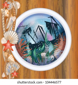 Ventana de ojo con barco hundido, ilustración vectorial