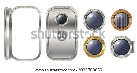 Porthole windows. Safe round metalic doors and spaceship illuminators decent vector steel window holes realistic