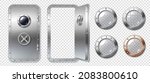 Portholes and metal door in spaceship, submarine, lab or bunker. Realistic set of round glass windows with steel frame and rivets and safe door isolated on transparent background. Vector illustration