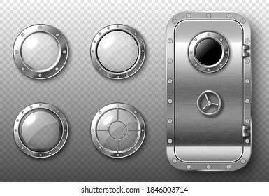 Portholes and metal door in spaceship, submarine, lab or bunker. Vector realistic set of round glass windows with steel frame and rivets and safe door isolated on transparent background