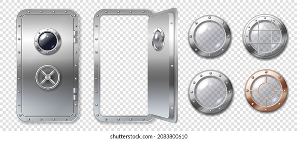 Portholes and metal door in spaceship, submarine, lab or bunker. Realistic set of round glass windows with steel frame and rivets and safe door isolated on transparent background. Vector illustration