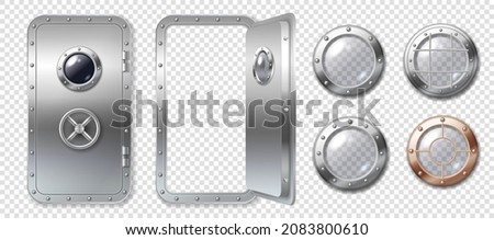 Portholes and metal door in spaceship, submarine, lab or bunker. Realistic set of round glass windows with steel frame and rivets and safe door isolated on transparent background. Vector illustration