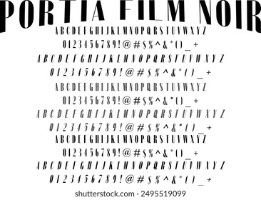 Portia Film Noir Schriftart Typografie Vektorillustration mit eleganten, geheimnisvollen Buchstaben. Perfekt für Vintage-Plakate, Filmprojekte und Buchcover.