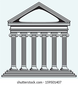 Portico an ancient temple. Bank. Colonnade isolated on blue background