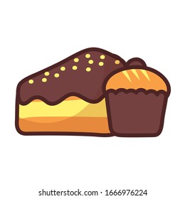 portion of birthday cake and cupcake on white background vector illustration design