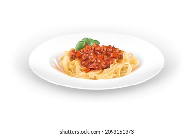 Portion of bolognese pasta on a white plate with a portion of minced meat sauce with tomatoes and vegetables