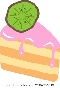 Portion of cake with pink frosting and kiwi semi flat color vector object. Full sized item on white. Confectionery product simple cartoon style illustration for web graphic design and animation