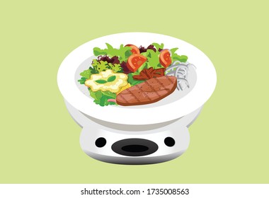 
Portion Control and Healthy Eating on Food Scale visually concept. Food, health, diet, green, vegetables, and weight scale. Vector flat illustration