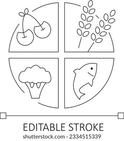 Portion Control plate Pie Chart of the composition of a balanced diet, Diet includes Fish, green leaf, Nutrition facts concept. Isolated vector illustrations.Editable stroke