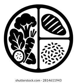 Portion Control Plate with Vegetables, Protein and Rice, Black Vector Icon for Healthy Diet