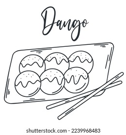 Portion of dango doodle illustration. Asian food Japanese sweet dish. Rice balls with syrup ink sketch vector
