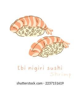 Portion of ebi sushi nigiri with shrimp flat style. Sushi on the side and in three quarters.