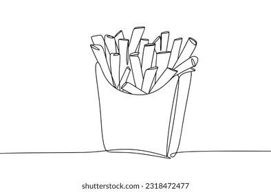 A portion of french fries in a disposable package. Junk food. National Junk Food Day. One line drawing for different uses. Vector illustration.