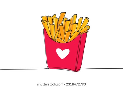 A portion of french fries in a disposable package. Junk food. National Junk Food Day. One line drawing for different uses. Color vector illustration.