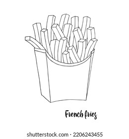 Portion of french fries in paper packaging black and white sketch isolated on white background. Elements for the design of fabrics, wallpapers, postcards